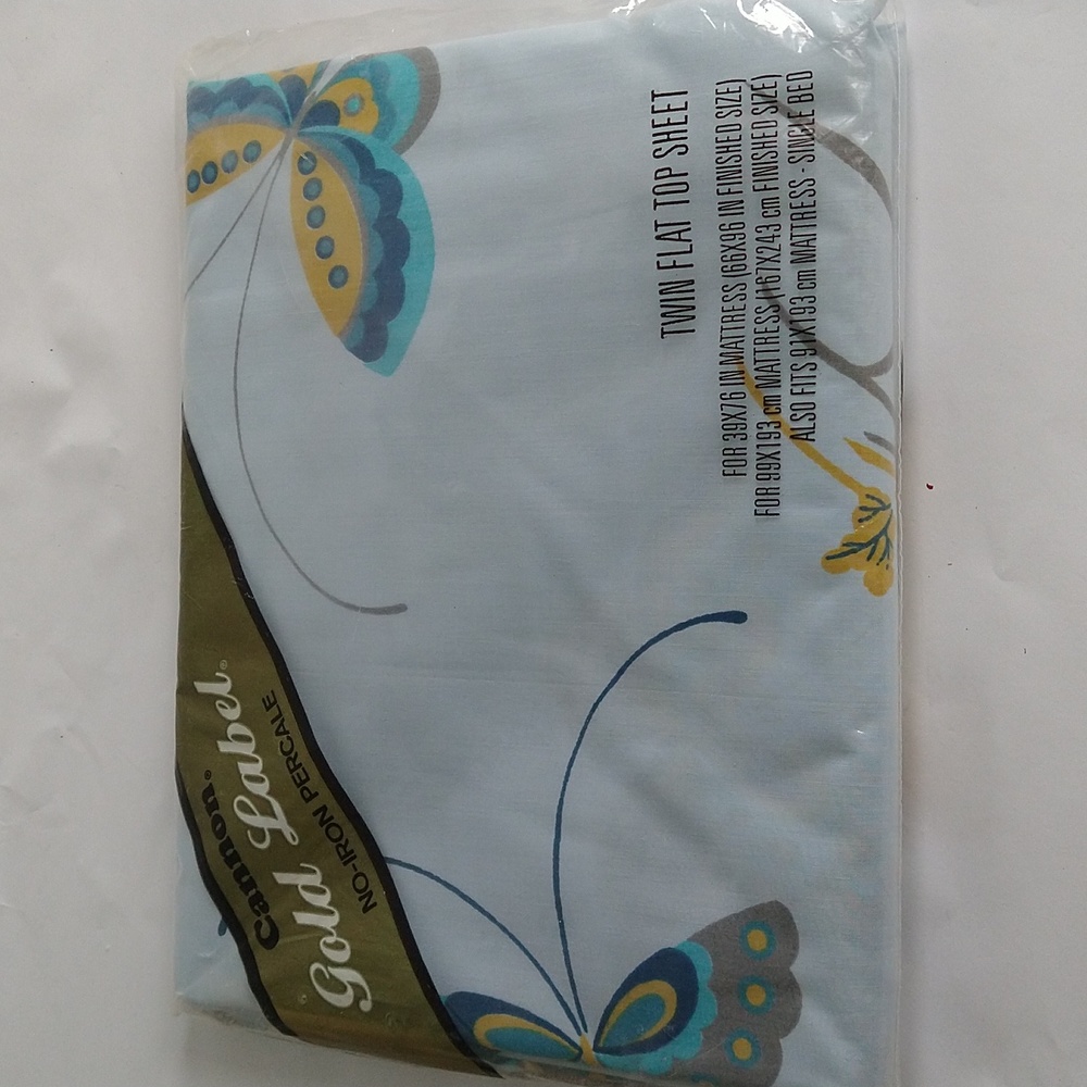 Cannon Twin Flat Bed Sheet Gold Label Butterflies Blue Mid Century Precale MCM
